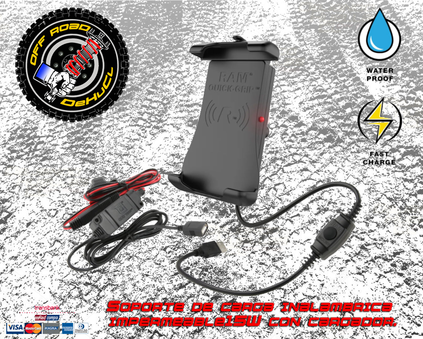 Ram Mounts Soporte de carga inalámbrica impermeable de 15W con cargador