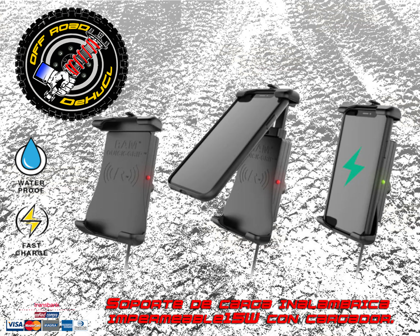 Ram Mounts Soporte de carga inalámbrica impermeable de 15W con cargador