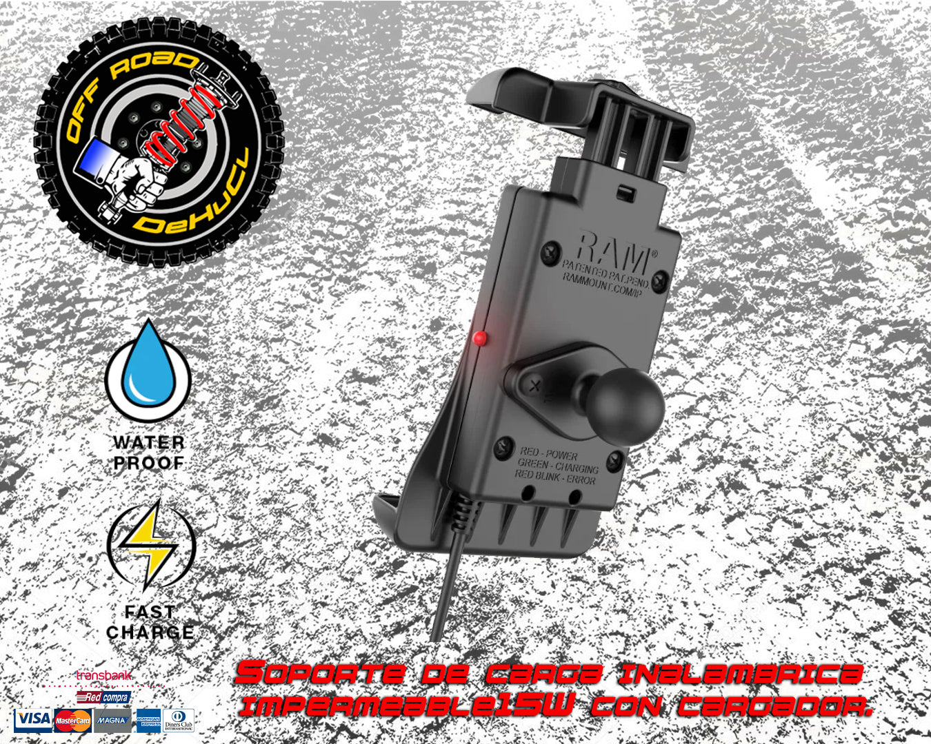 Ram Mounts Soporte de carga inalámbrica impermeable de 15W con cargador